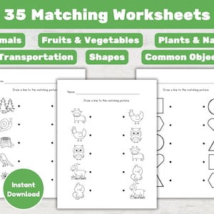 Op de afbeelding: Een set van 35 printbare zwart-wit matching werkbladen voor kinderen. De werkbladen bevatten afbeeldingen van dieren, fruit en groenten, vervoer, vormen, planten en natuur, en alledaagse voorwerpen. De tekst "Trek een lijn naar het overeenkomende plaatje" staat bovenaan elk werkblad.