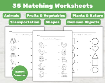 35 Toddler Matching Activity Worksheets for Preschool, Homeschool Resources Printable (PDF)