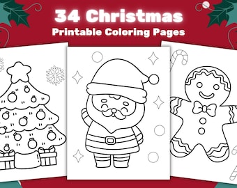 May include: A collection of three printable Christmas coloring pages featuring a Christmas tree, Santa Claus, and a gingerbread man. The pages are black and white line drawings with festive holiday elements.