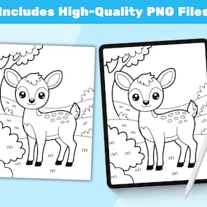 May include: Two black and white illustrations of a cartoon deer in a forest setting. One is on paper, the other on a tablet with a stylus. The text "Includes High-Quality PNG Files" is at the top.