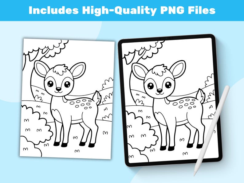 May include: Two black and white illustrations of a cartoon deer in a forest setting. One is on paper, the other on a tablet with a stylus. The text "Includes High-Quality PNG Files" is at the top.