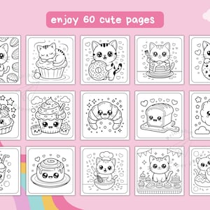 May include: A collection of 15 black and white coloring pages featuring adorable cartoon cats with various desserts. The phrase "enjoy 60 cute pages" is displayed in a pink banner at the top. Each page is square and has a different cat and dessert.