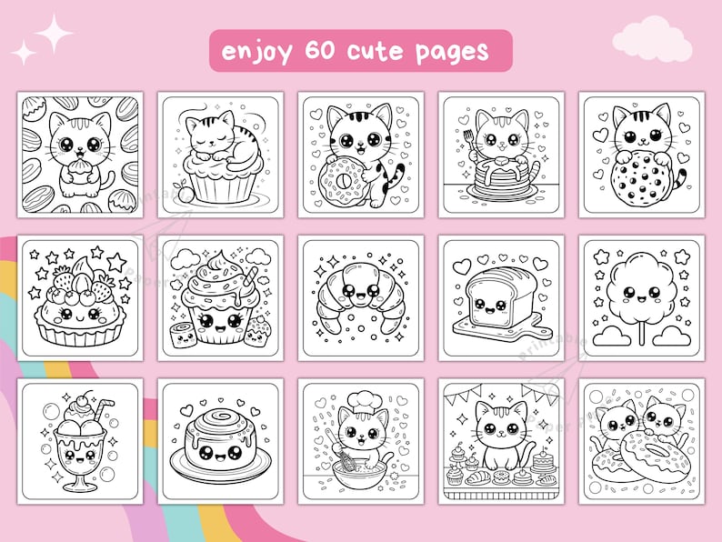 May include: A collection of 15 black and white coloring pages featuring adorable cartoon cats with various desserts. The phrase "enjoy 60 cute pages" is displayed in a pink banner at the top. Each page is square and has a different cat and dessert.