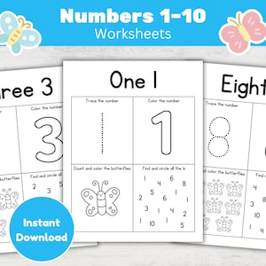 May include: Educational worksheets for numbers 1-10. Each page features a number to trace and color, along with counting and circling activities. Includes the text "Instant Download".