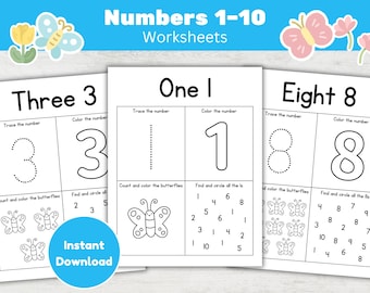 1-10 Number Tracing Worksheets for Preschool and Kindergarten Counting Activity Writing Practice Math Printable (PDF)