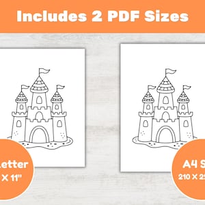 Puede incluir: Dos dibujos en blanco y negro de un castillo de arena. La imagen de la izquierda est&aacute; etiquetada como "US Letter 8.5 x 11" y la imagen de la derecha est&aacute; etiquetada como "A4 Size 210 x 297 mm".