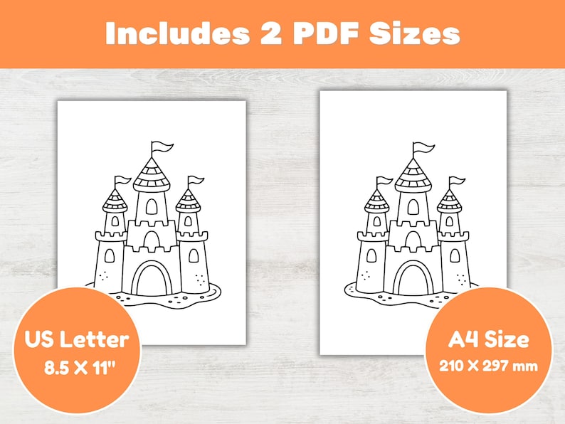 Puede incluir: Dos dibujos en blanco y negro de un castillo de arena. La imagen de la izquierda est&aacute; etiquetada como "US Letter 8.5 x 11" y la imagen de la derecha est&aacute; etiquetada como "A4 Size 210 x 297 mm".