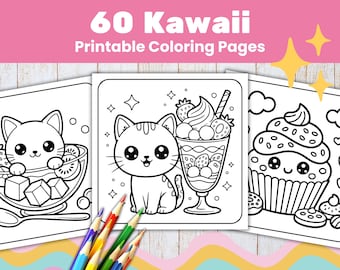 Kawaii Katzen Dessert Malseiten Entspannende Bäckerei Malbuch Printable (PDF + PNG)