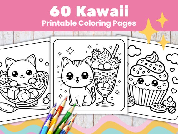 Kawaii Cat Dessert Coloring Pages Relaxing Bakery Coloring Book Printable (PDF+PNG)