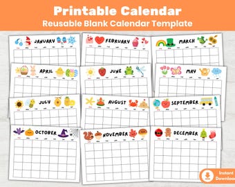2026 Printable Blank Calendar for Kids Monthly Homeschool Teachers Parents Monday Sunday Start (PDF)