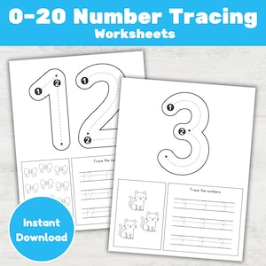 20 Number Tracing Worksheets for Preschool, 0-20 Trace Number, Preschool Printable , Counting Practice, Kids Math Activity Worksheets, PDF