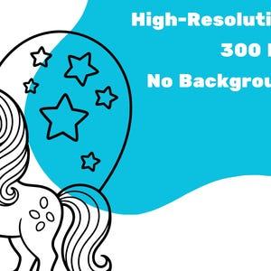 May include: Black and white line art of a unicorn with a heart-shaped design featuring stars. The image includes the text "High-Resolution 300 DPI No Background" on a blue background, suitable for digital art projects.