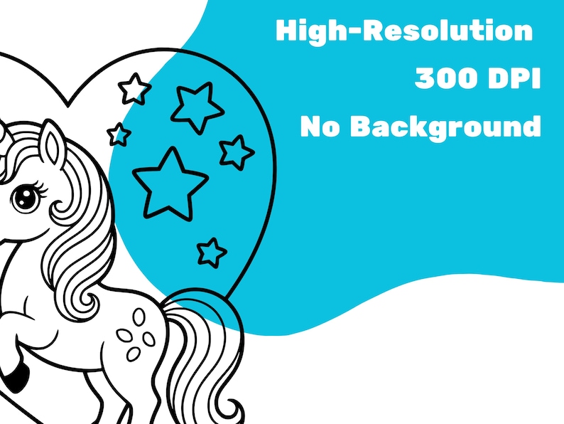 May include: Black and white line art of a unicorn with a heart-shaped design featuring stars. The image includes the text "High-Resolution 300 DPI No Background" on a blue background, suitable for digital art projects.