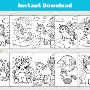 May include: A collection of eight black and white unicorn coloring pages. Each page features a different unicorn design with clouds, rainbows, castles, and balloons. The words "Instant Download" are at the top.