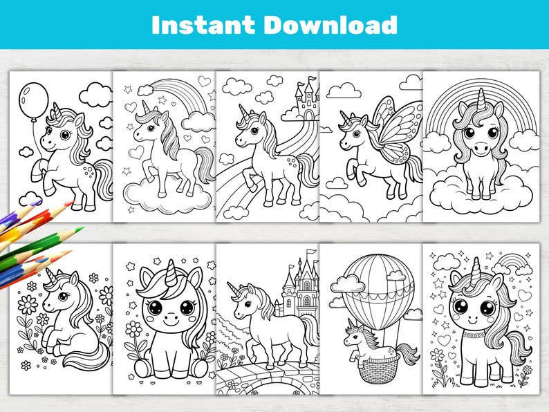 May include: A collection of eight black and white unicorn coloring pages. Each page features a different unicorn design with clouds, rainbows, castles, and balloons. The words "Instant Download" are at the top.