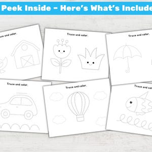 May include: A collection of white paper sheets with dotted line drawings for tracing and coloring. The drawings include a duck, barn, flower, crown, umbrella, raindrop, car, hot air balloon, and fish. The text "A Peek Inside - Here's What's Included" is at the top.