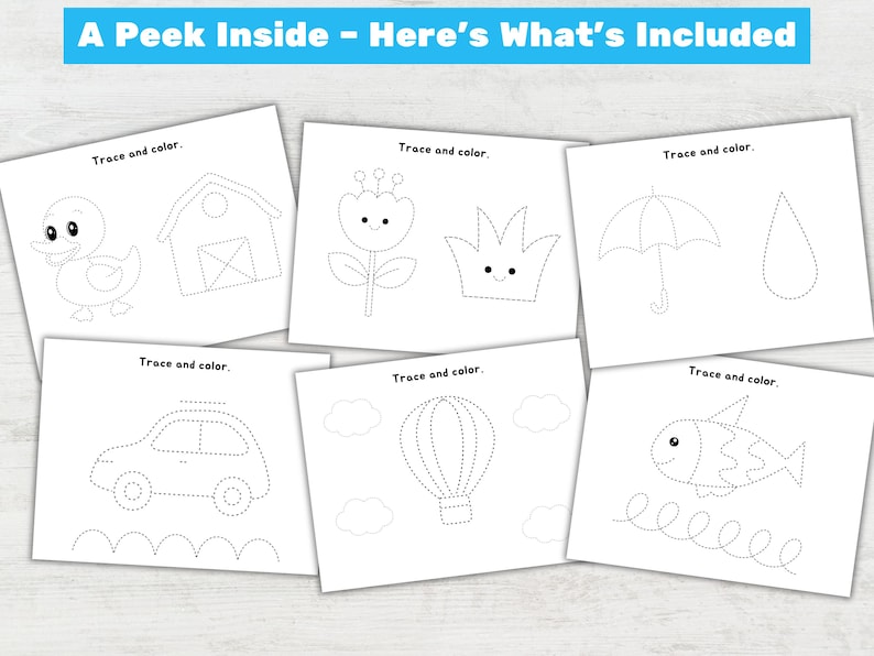 May include: A collection of white paper sheets with dotted line drawings for tracing and coloring. The drawings include a duck, barn, flower, crown, umbrella, raindrop, car, hot air balloon, and fish. The text "A Peek Inside - Here's What's Included" is at the top.