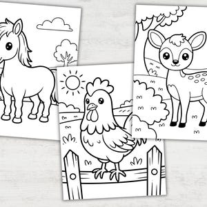 May include: Three black and white coloring pages featuring farm animals. One shows a horse near a fence, another a chicken on a fence, and the third a deer in a field. The illustrations are simple and suitable for children.
