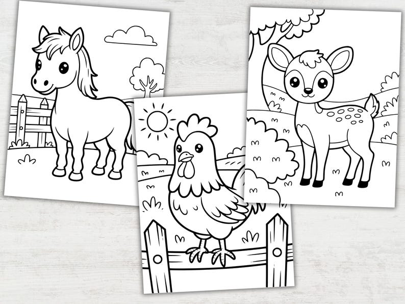 May include: Three black and white coloring pages featuring farm animals. One shows a horse near a fence, another a chicken on a fence, and the third a deer in a field. The illustrations are simple and suitable for children.