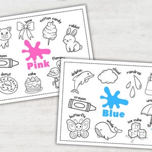 May include: Two educational printables with line drawings of objects and the colors pink and blue. The pink card includes a pig, bow, cotton candy, rabbit, crayon, donut, cake, and flamingo. The blue card includes a dolphin, cloud, crayon, butterfly, whale, raindrop, jeans, ice cube, and umbrella.