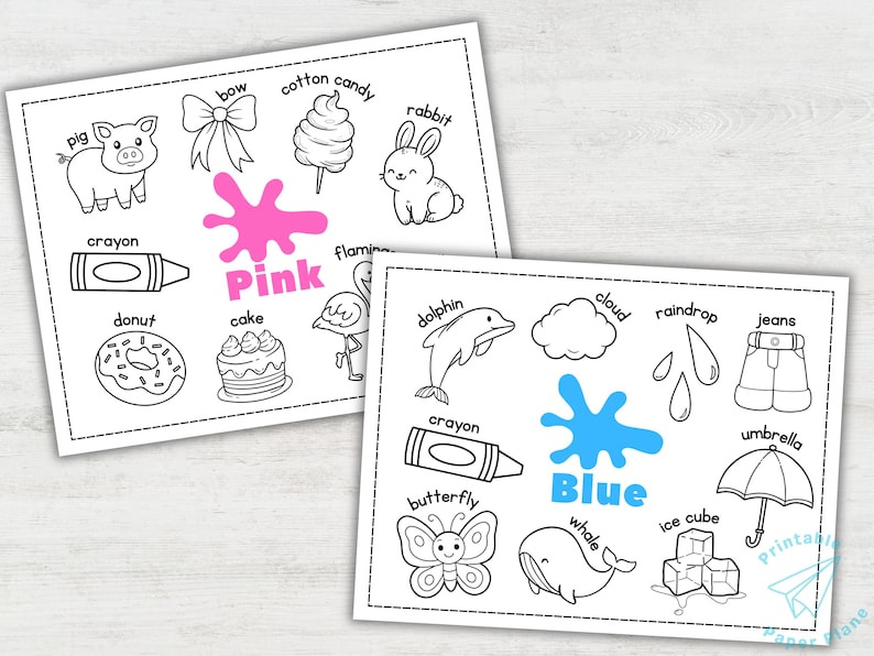 May include: Two educational printables with line drawings of objects and the colors pink and blue. The pink card includes a pig, bow, cotton candy, rabbit, crayon, donut, cake, and flamingo. The blue card includes a dolphin, cloud, crayon, butterfly, whale, raindrop, jeans, ice cube, and umbrella.