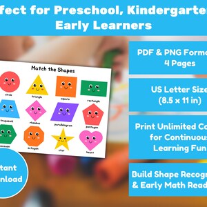 May include: A colorful educational printable for early learners. The image features a "Match the Shapes" chart with various shapes like circles, triangles, and squares, each with a smiling face. The chart is US Letter size (8.5 x 11 in).