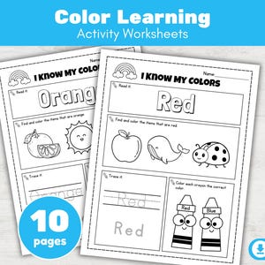 May include: Two black and white activity worksheets for color learning. The worksheets have the text "I Know My Colors" and feature illustrations of an orange, sun, apple, whale, and ladybug. The worksheets also have the text "Orange" and "Red".