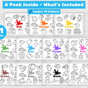May include: A set of 11 coloring pages for learning colors, with the text "A Peek Inside - What's Included" and "Learn 11 Colors". Each page features a color name and related objects, such as a red crayon and a red fire truck.