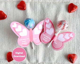 Editable Butterfly Valentine Lollipop Tags Classroom Treat Holders for School Kids Printable (PDF+Canva)
