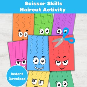 May include: An educational activity with colourful illustrated faces and dotted lines for scissor practice. The image includes the text "Scissor Skills Haircut Activity" and "Instant Download". A pair of blue-handled scissors is also shown.