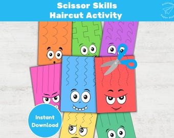 Preschool Scissor Skills Haircut Activity Worksheets Fun Cutting Strips Practice Printable for Kids (PDF)