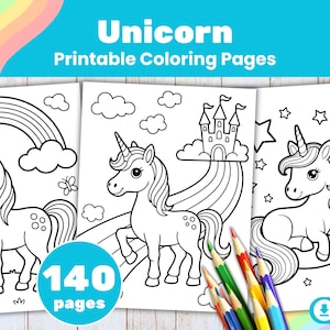 May include: Three printable unicorn coloring pages with different unicorn designs. The pages are black and white line drawings with a rainbow, castle, clouds, and stars. The text "Unicorn Printable Coloring Pages" is at the top. A bundle of colored pencils is in the foreground.