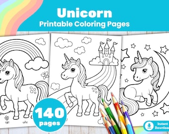 Pacchetto di pagine da colorare con unicorni: Castello arcobaleno, Festa con unicorni (PDF)