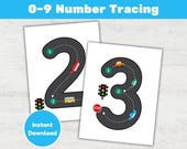 0-9 Flashcards Car Road Number Tracing Printable, Preschool and Kindergarten Pre-Writing Practice (PDF)