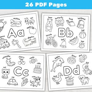 May include: Four printable educational pages with the letters A, B, C, and D, each featuring illustrations of related words like "apple," "bear," and "cat." The text "26 PDF Pages" is at the top.