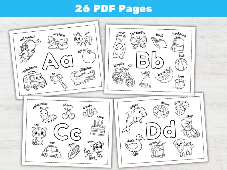May include: Four printable educational pages with the letters A, B, C, and D, each featuring illustrations of related words like "apple," "bear," and "cat." The text "26 PDF Pages" is at the top.