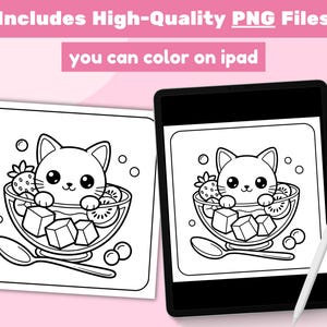 May include: Black and white illustration of a cute cat in a fruit bowl, with strawberries, kiwi, and ice cubes. The image is on a square paper and a tablet. Text reads "Includes High-Quality PNG Files you can color on ipad."