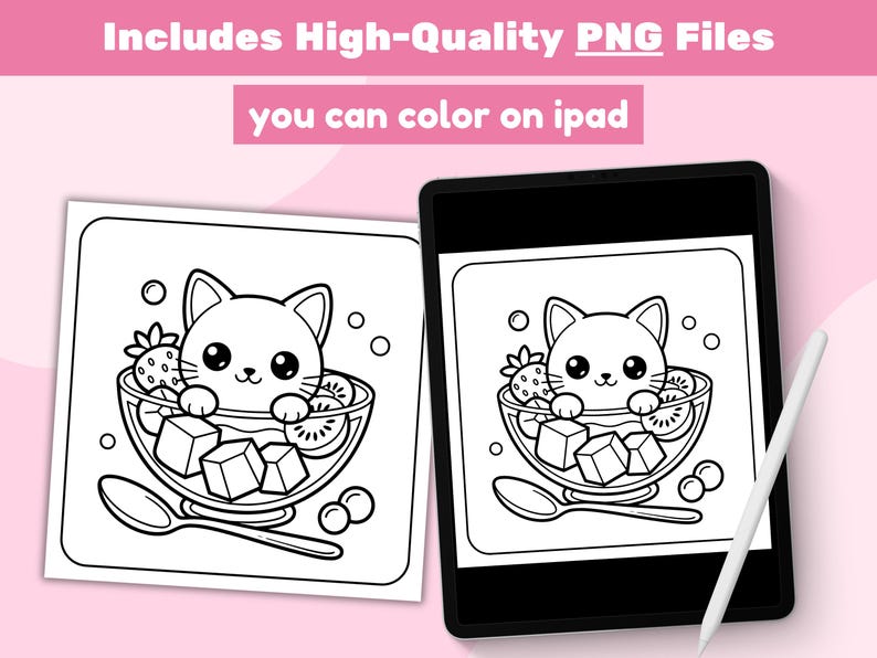 May include: Black and white illustration of a cute cat in a fruit bowl, with strawberries, kiwi, and ice cubes. The image is on a square paper and a tablet. Text reads "Includes High-Quality PNG Files you can color on ipad."