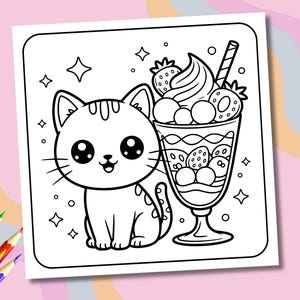 May include: Black and white line art illustration of a cute cat sitting next to a sundae. The sundae has whipped cream, strawberries, and a straw. Stars and sparkles surround the cat and sundae. Coloring book page.