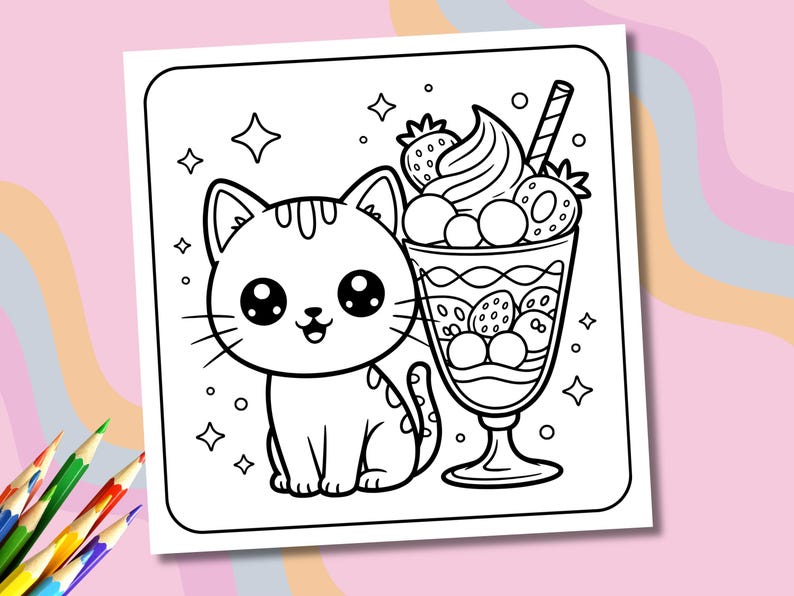 May include: Black and white line art illustration of a cute cat sitting next to a sundae. The sundae has whipped cream, strawberries, and a straw. Stars and sparkles surround the cat and sundae. Coloring book page.