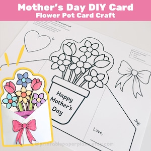 Può includere: Un lavoretto per biglietti per la festa della mamma con un design a vaso di fiori. La carta include un bouquet di fiori colorati in una busta, un vaso di fiori con la scritta "Happy Mother's Day" e un fiocco. Il testo "Mother's Day DIY Card" è in alto.