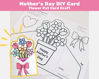 Mother’s Day DIY Coloring Card, Flower Pot Card Craft for Kids, Preschool Printable Homeschool Activity (PDF Download)