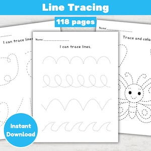 May include: Three white pages with line tracing exercises. The top page has the text "Line Tracing" and "118 pages". The middle page has the text "I can trace lines." and the bottom page has the text "Trace and colour."