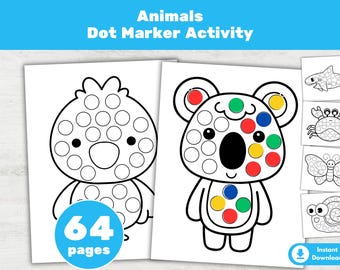 64 Animals Dot Marker Coloring Pages, Dot Sticker Do-a-Dot Activity Printable for Kids Preschool Crafts Busy Book (PDF)
