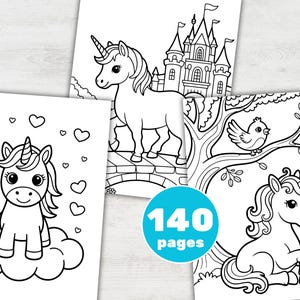 May include: A collection of unicorn-themed coloring pages. The pages feature various unicorn illustrations, including a unicorn with a castle, a unicorn on a cloud, and a unicorn with a bird. The image includes a blue circle with the text "140 pages."
