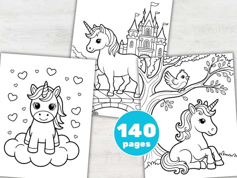 May include: A collection of unicorn-themed coloring pages. The pages feature various unicorn illustrations, including a unicorn with a castle, a unicorn on a cloud, and a unicorn with a bird. The image includes a blue circle with the text "140 pages."