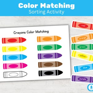 May include: A color matching sorting activity featuring a white sheet with crayon illustrations and the text "Crayons Color Matching." The sheet has matching crayons in red, orange, green, yellow, blue, and purple. Individual crayon stickers are also included.