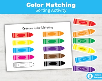 May include: A color matching sorting activity featuring a white sheet with crayon illustrations and the text "Crayons Color Matching." The sheet has matching crayons in red, orange, green, yellow, blue, and purple. Individual crayon stickers are also included.