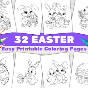 Puede incluir: Un conjunto de 32 páginas para colorear con temática de Pascua, con conejitos, huevos y cestas de dibujos animados. Las páginas son en blanco y negro, con el texto "BOLD & EASY CUTE EASTER COLORING PAGES" y "32 EASTER Easy Printable Coloring Pages". Se ven crayones.