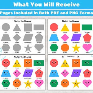 May include: Educational printable featuring shape matching activities. The image shows four pages with various shapes like circles, triangles, and squares. The text reads "Match the Shapes" and "What You Will Receive".